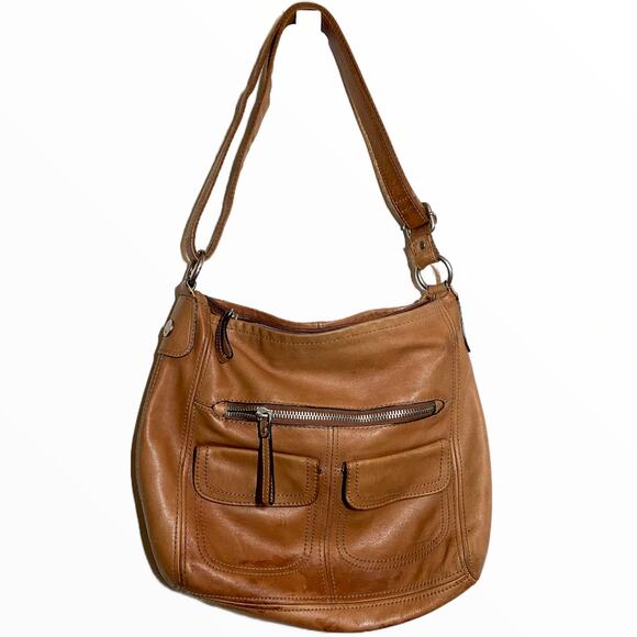 Fossil Leather Shoulder Bag Tan Brown Adjustable Shoulder Strap Zipper Pockets - Picture 1 of 4